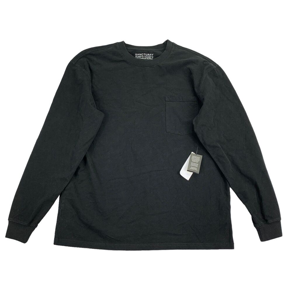 Sanctuary Mens Long Sleeve Pocket Crewneck Cotton T-Shirt Black S